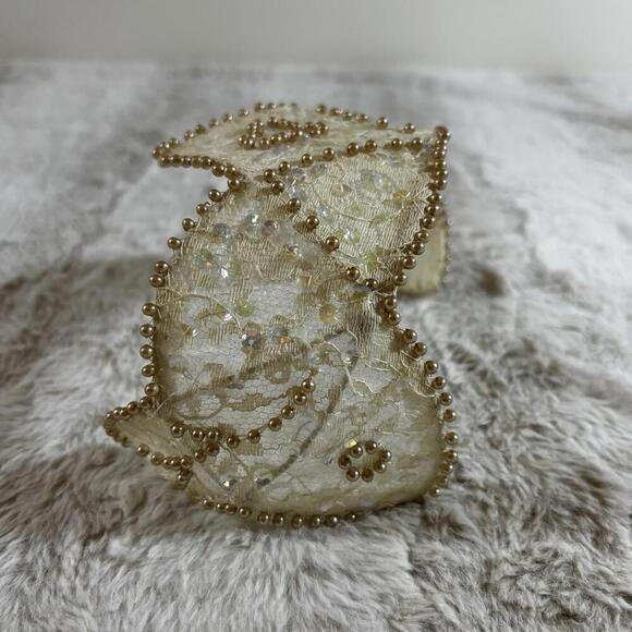 Vintage Bridal Lace Crown Tiara Gold Beaded Heart & Sequin Wedding Headpiece